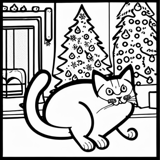 Coloring page of cat farting under the christmas tree