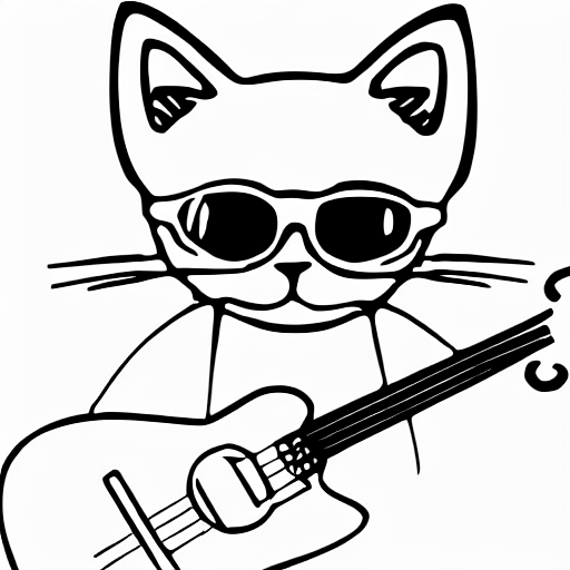 Coloring page of cat with a guitare and sunglases
