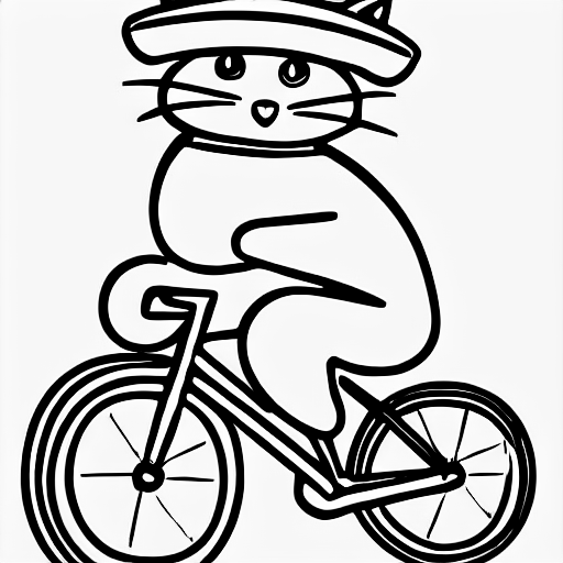 Coloring page of cat with a top hat riding a bike