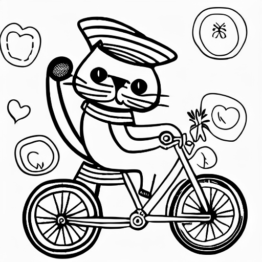 Coloring page of cat with a top hat riding a bike