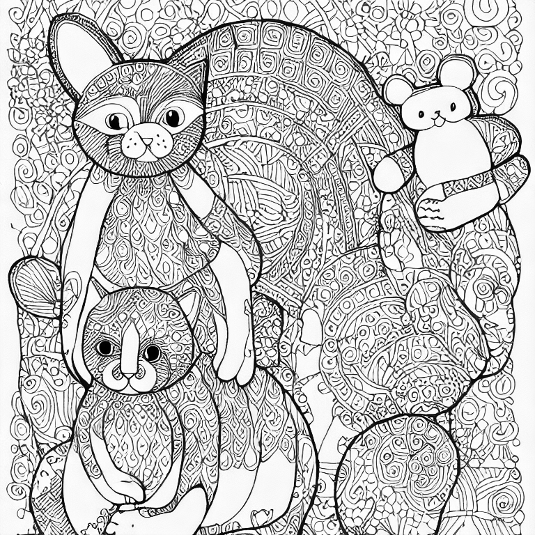 Coloring page of cat with bear and rabbit