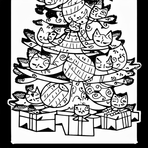Coloring page of cats in a christmas tree
