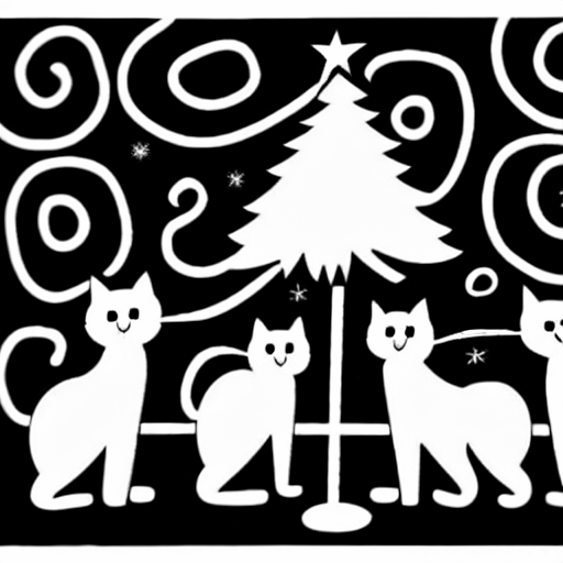 Coloring page of cats under a christmas tree