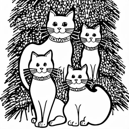 Coloring page of cats under a christmas tree