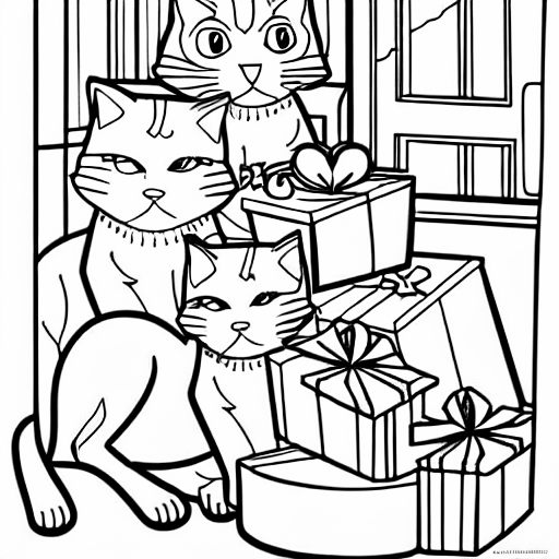 Coloring page of cats with gifts wanting in
