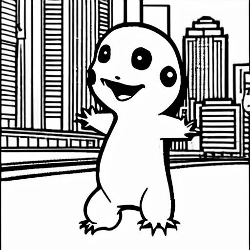 Coloring page of charmander walking down a city street