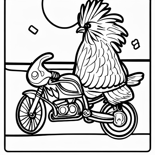 Coloring page of chicken on a motorbike