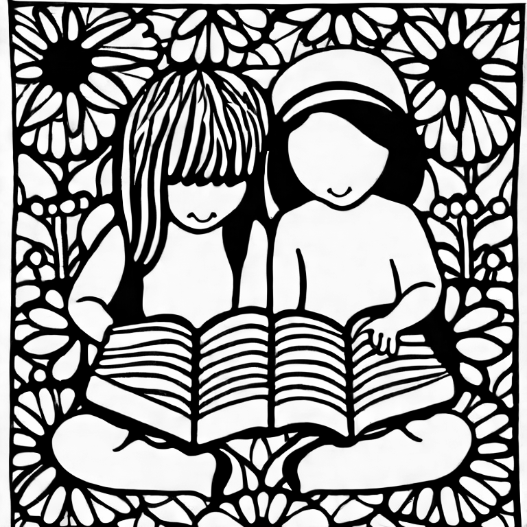 Coloring page of children reading