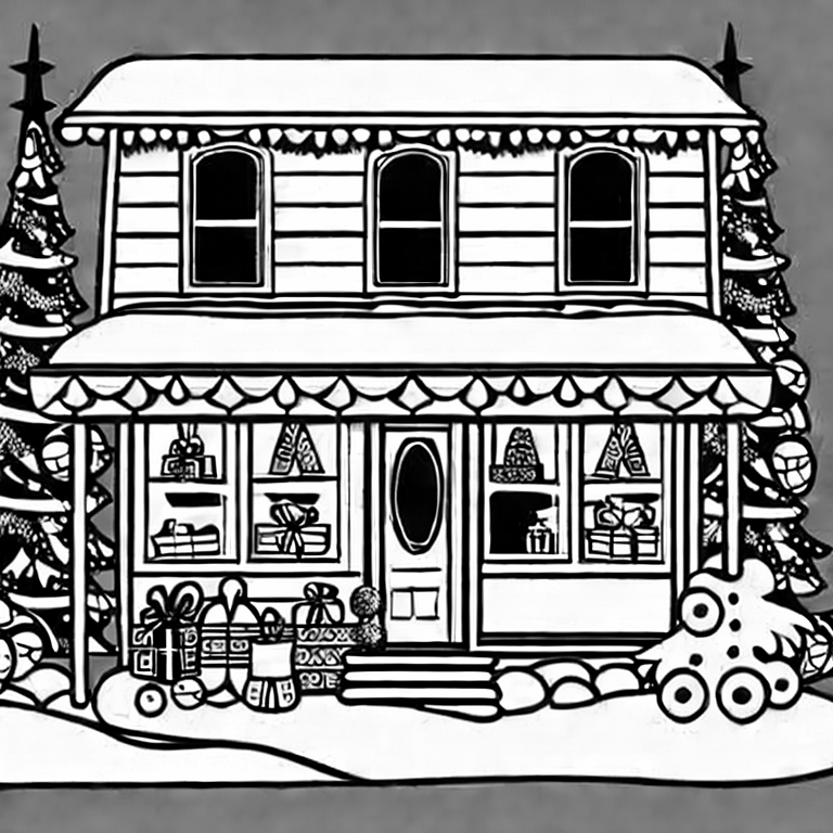 Coloring page of christmas toy shop