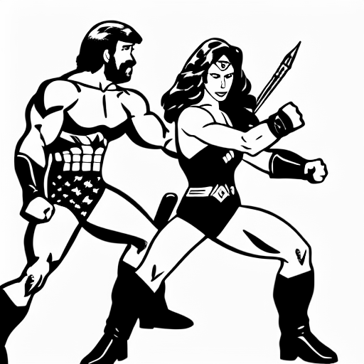 Coloring page of chuck norris fighting wonder woman