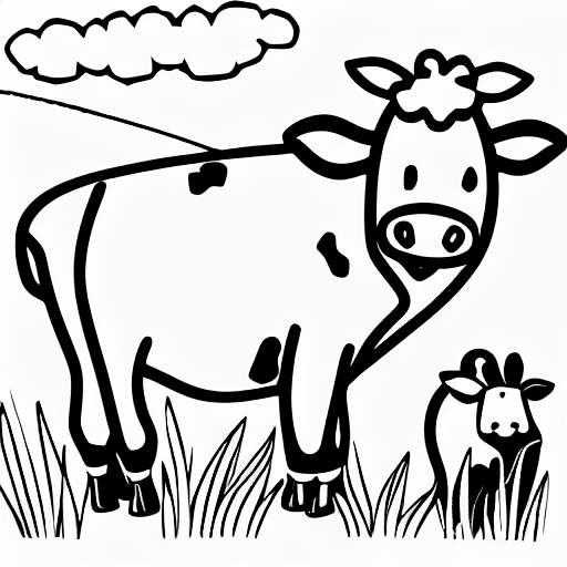 Coloring page of cows eating grass
