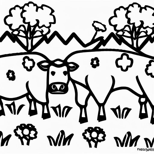 Coloring page of cows grazing in a field