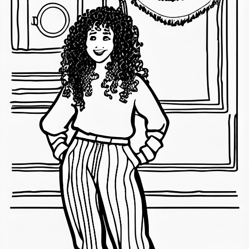 Coloring page of curly haired woman and trousers