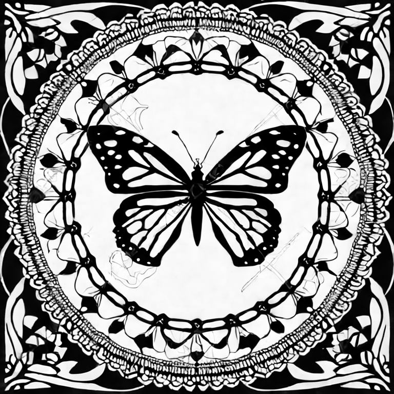 Coloring page of detailed monarch butterflies with a background of mandala pattern