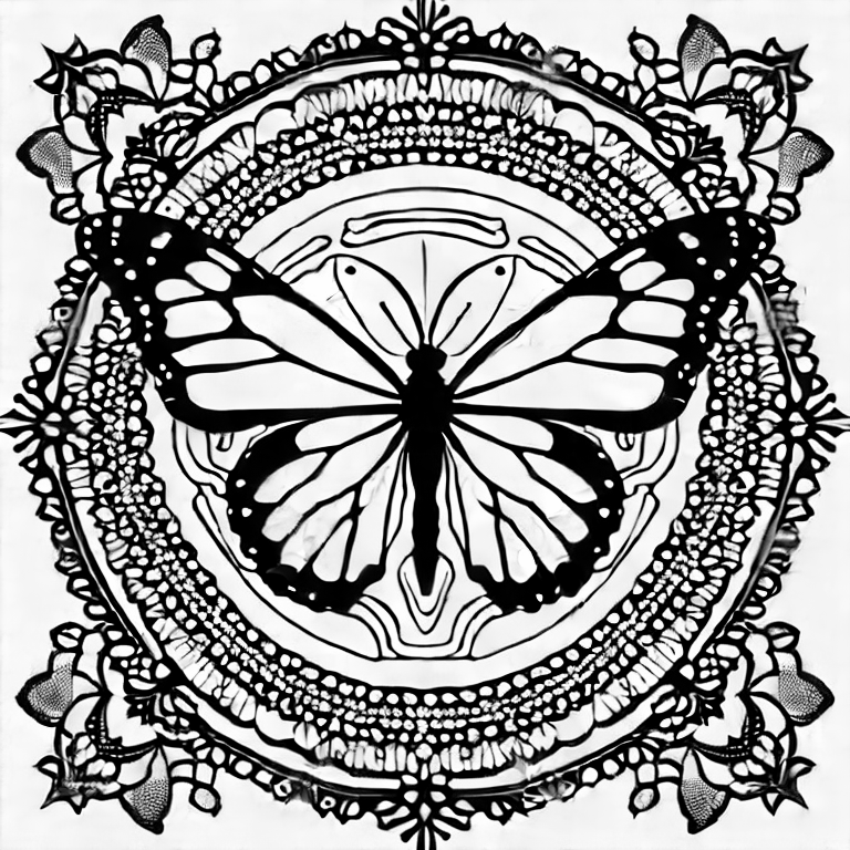Coloring page of detailed monarch butterfly with a background of mandala pattern