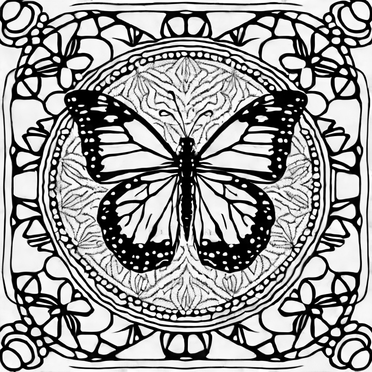 Coloring page of detailed monarch butterfly with a background of mandala pattern