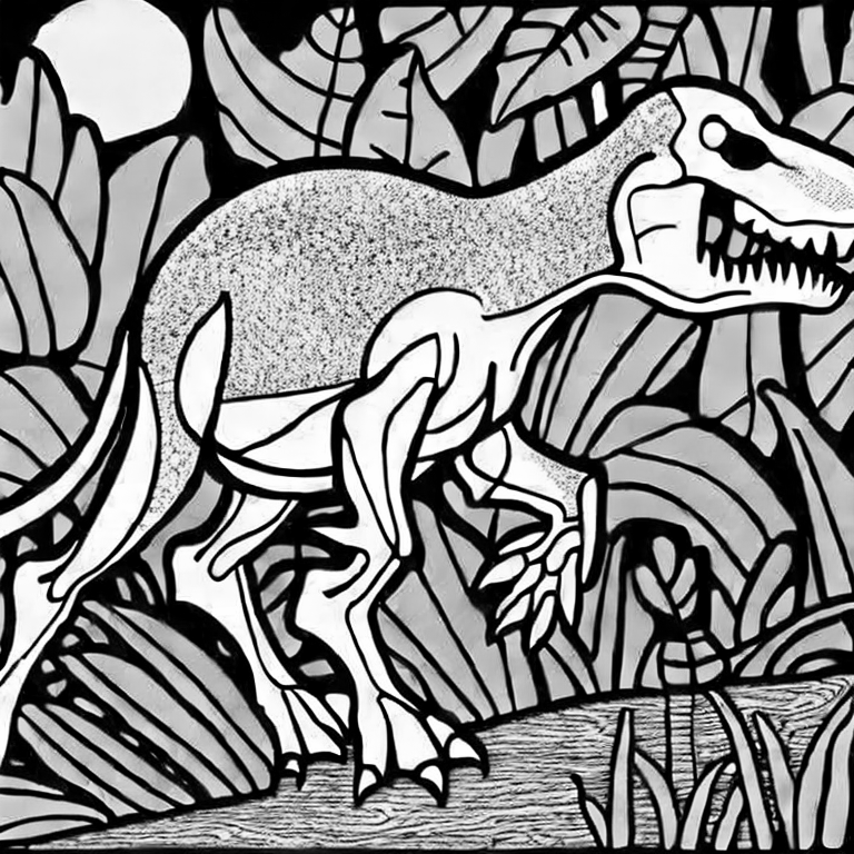 Coloring page of detailed t rex in the jungle