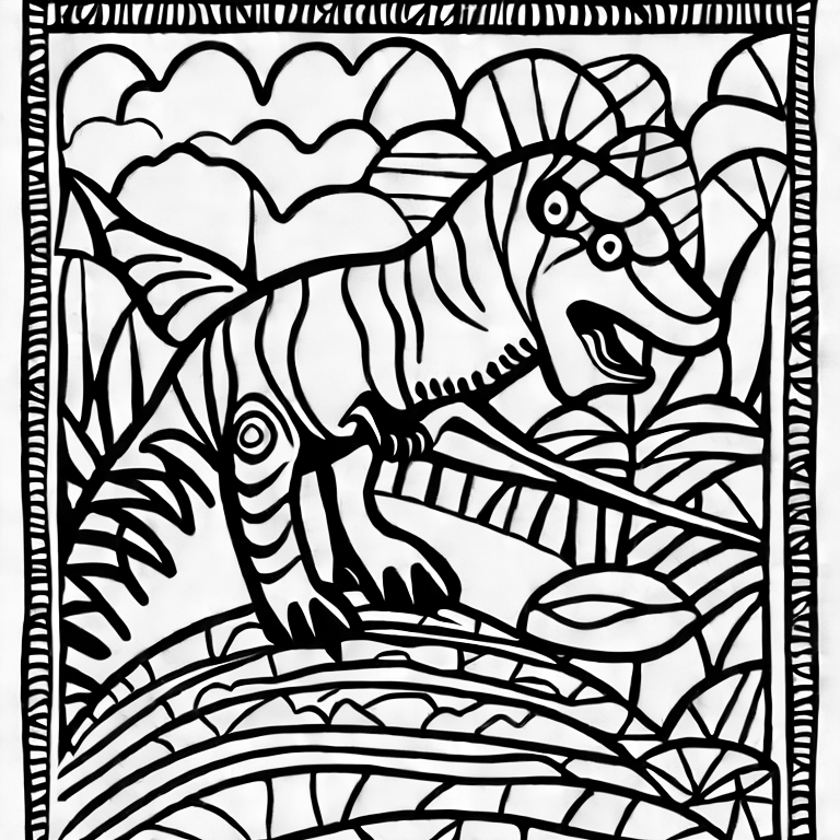 Coloring page of dinasour in a jungle