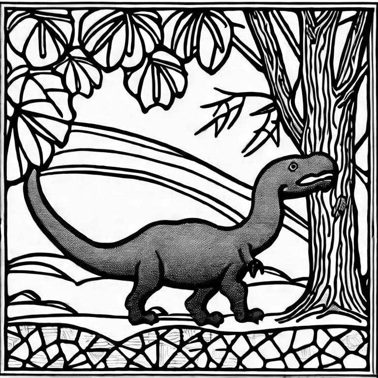 Coloring page of dinosaur by a tree