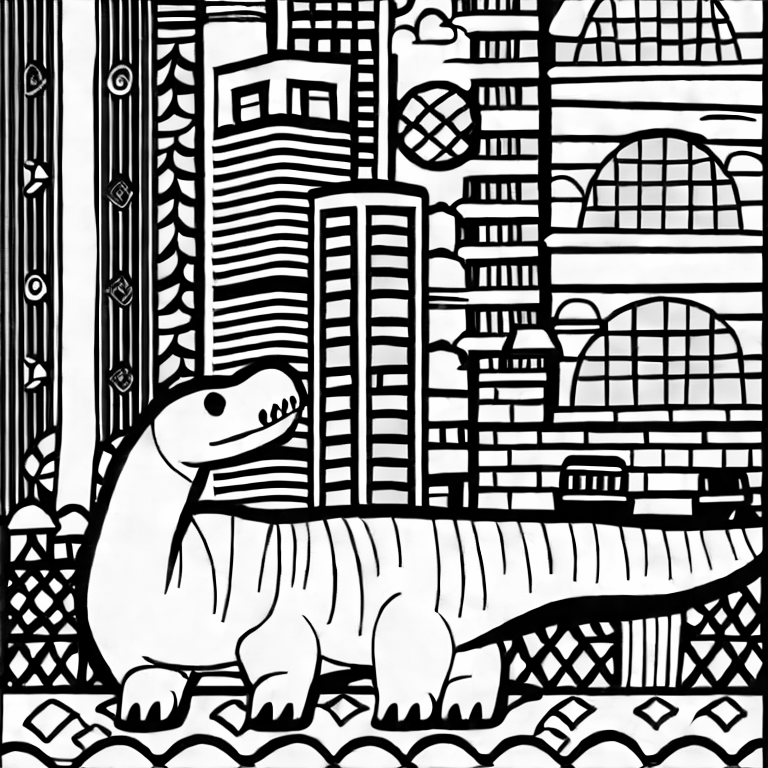 Coloring page of dinosaur in cityy