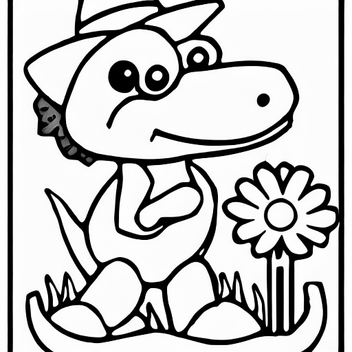 Coloring page of dinosaur in hat with a flower