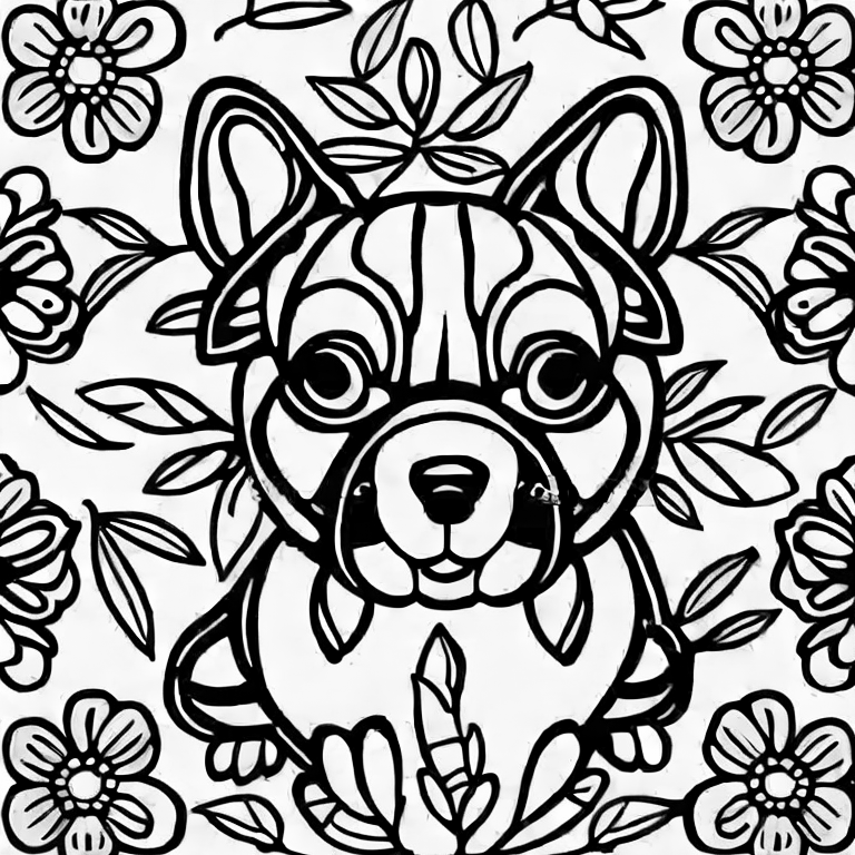 Coloring page of dog and flowers coloring pages full white white background whole body sketch style full body