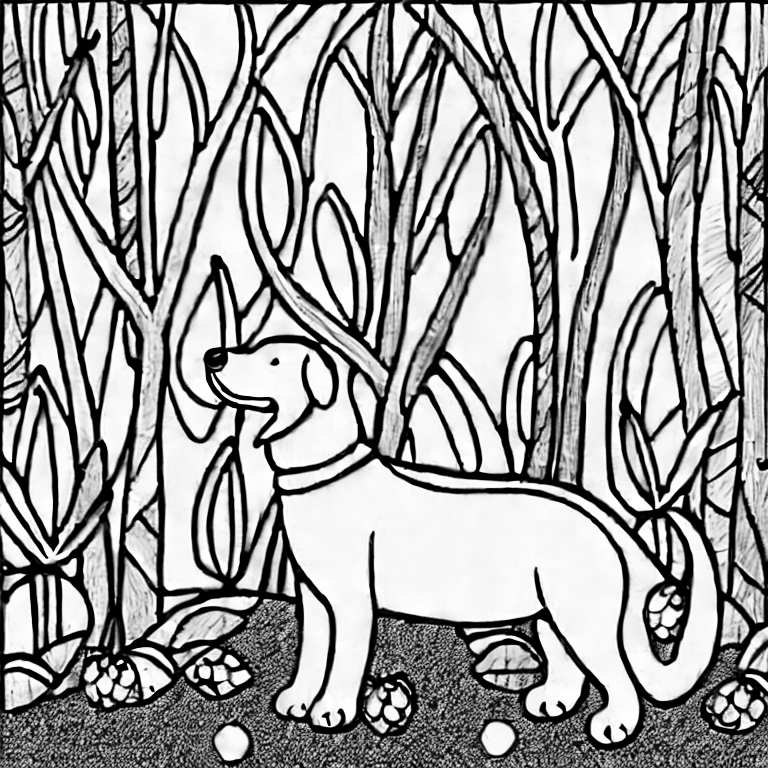 Coloring page of dog in the forest