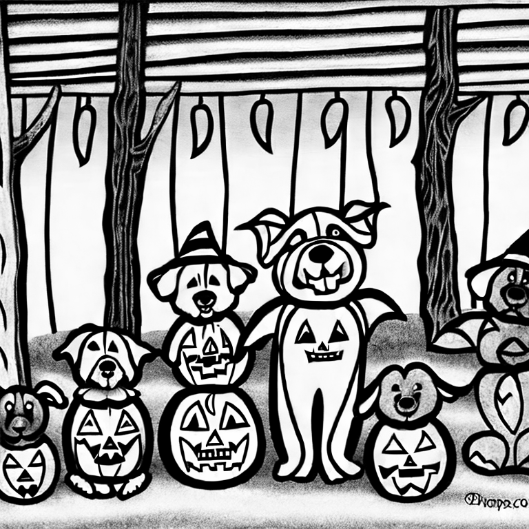 Coloring page of dogs going trick or treating for halloween