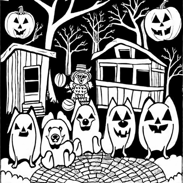 Coloring page of dogs going trick or treating for halloween