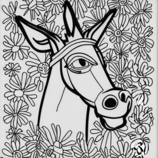 Coloring page of donkey with flowers