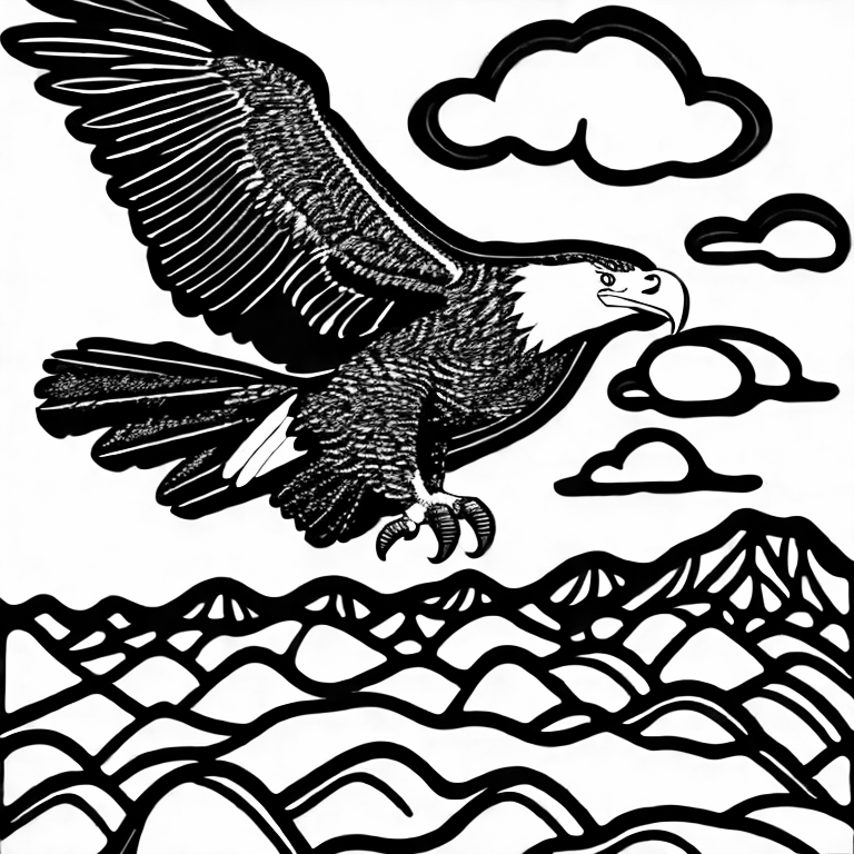 Coloring page of eagle flying in closeup