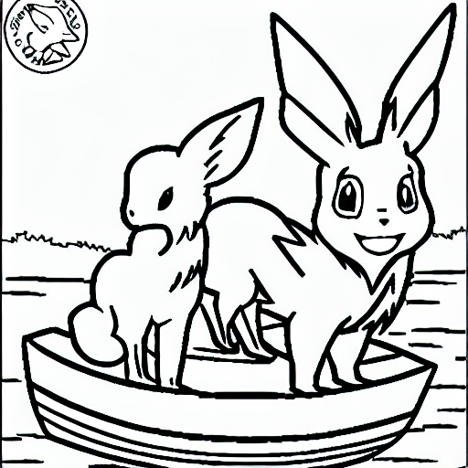 Coloring page of eevee on a paddle boat