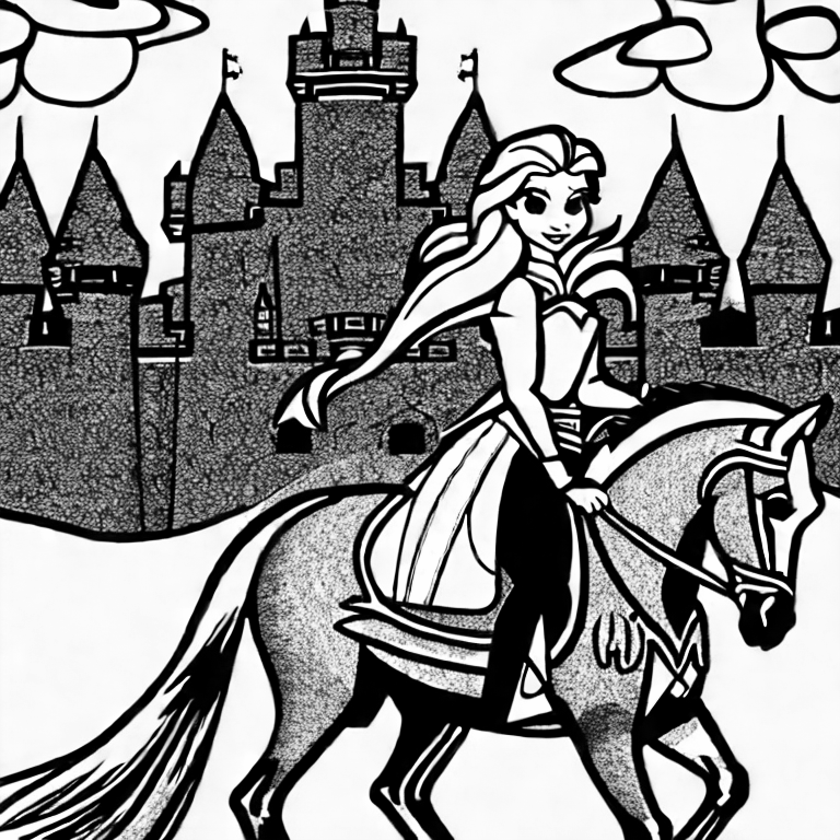Coloring page of elsa frozen on a horse in front of a castle