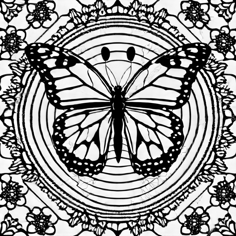 Coloring page of extra large monarch butterfly with a background of mandala pattern