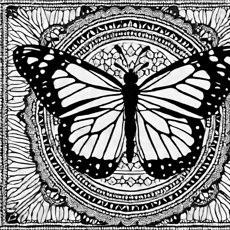 Coloring page of extra large monarch butterfly with a background of mandala pattern