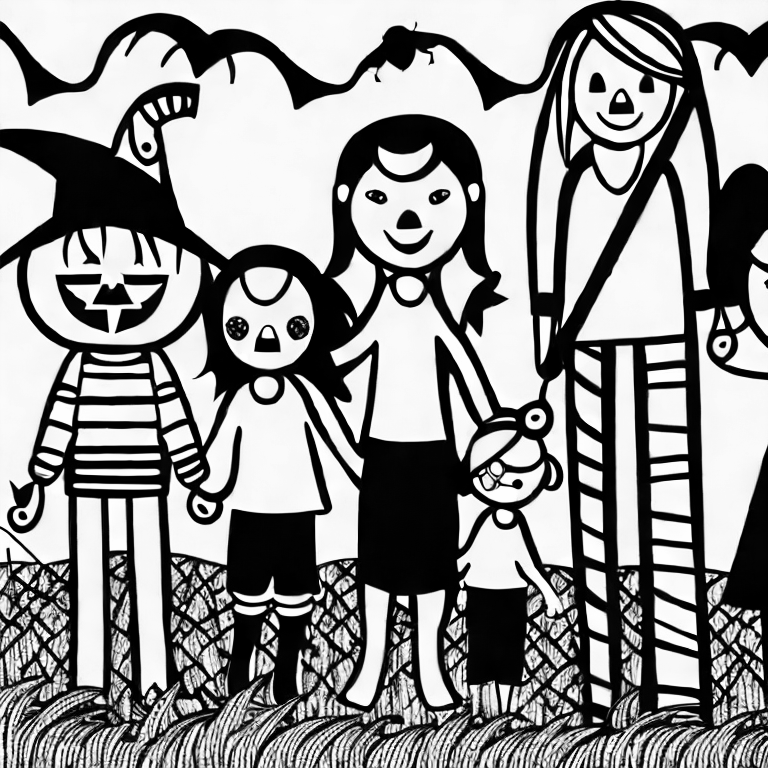 Coloring page of family dressed up for haloween