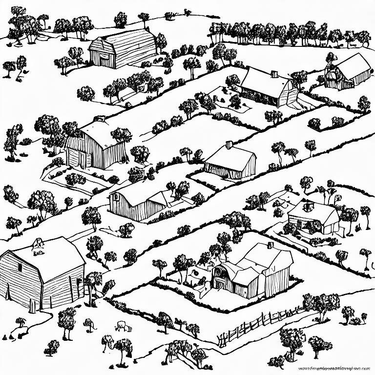 Coloring page of farm in cavalier perspective