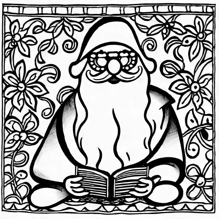 Coloring page of father christmas reading a book
