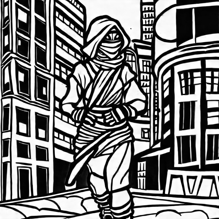 Coloring page of female ninja walking down a city street