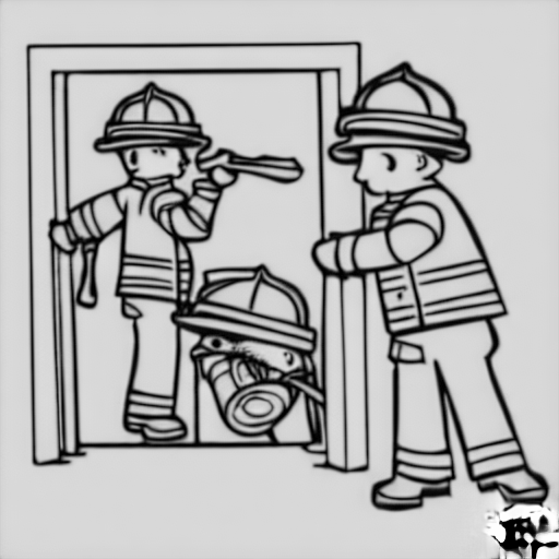 Coloring page of firefighters trying to put out a fire
