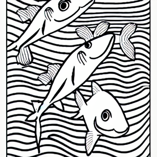Coloring page of fish swimming with sharks