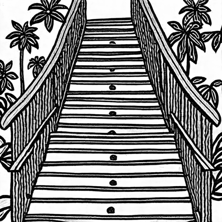 Coloring page of floating staircase that leads up to a hidden forest cove