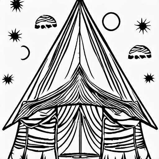 Coloring page of flying circus tent in the galaxy