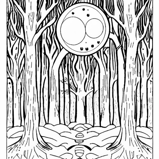 Coloring page of forest with moon