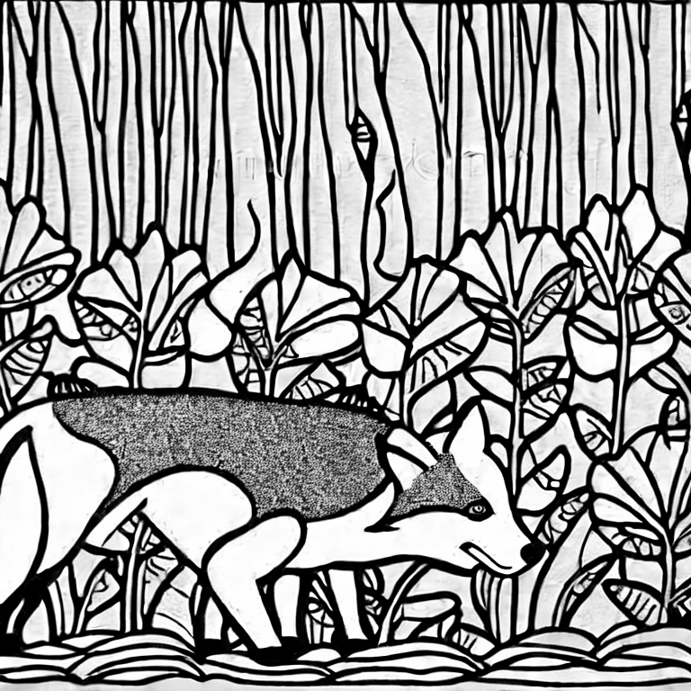 Coloring page of fox in the woods