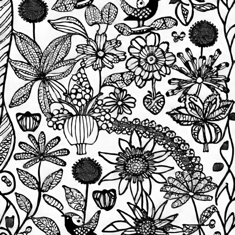 Coloring page of generate whimsical garden illustrations
