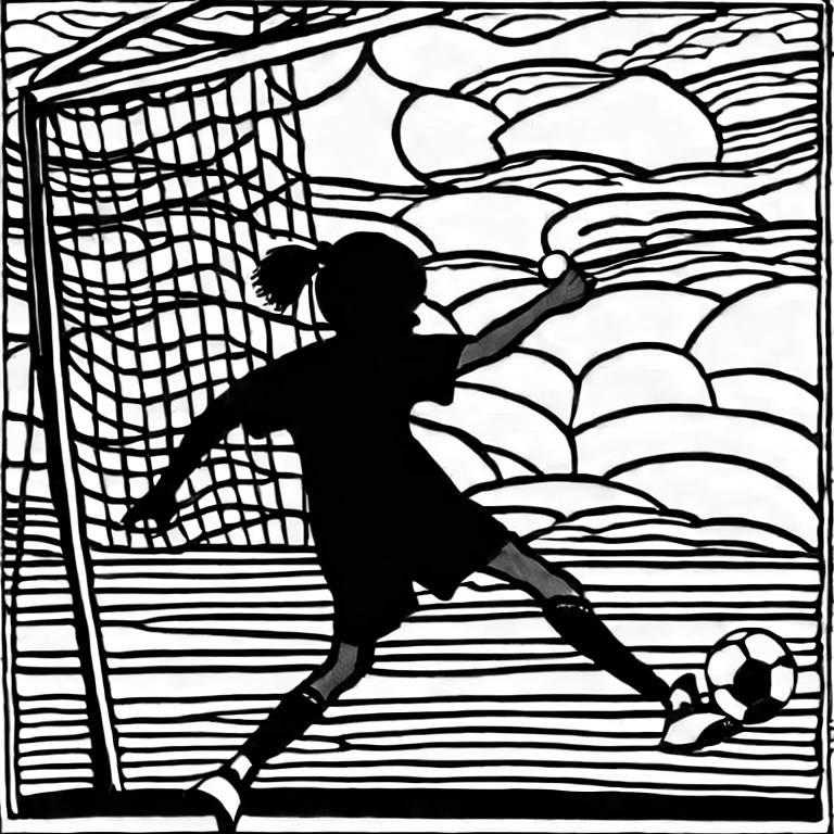 Coloring page of girl kicking soccer ball