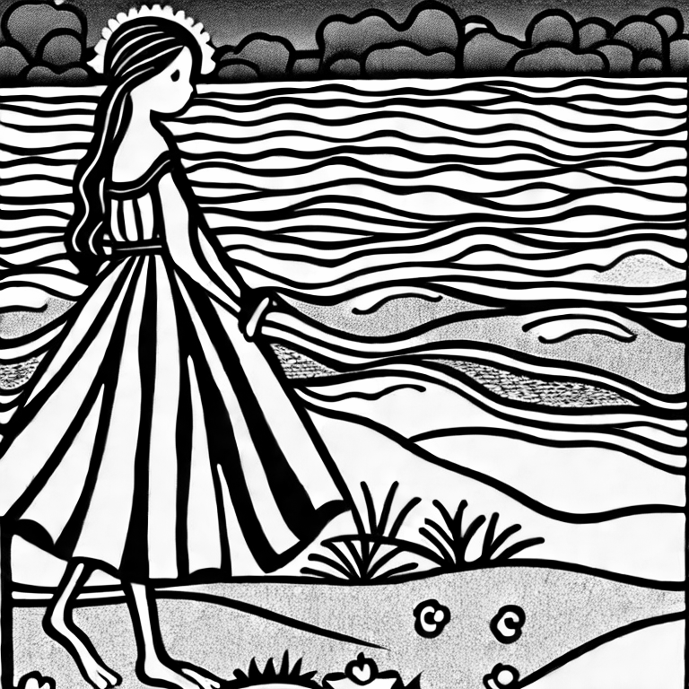 Coloring page of girl on the beach