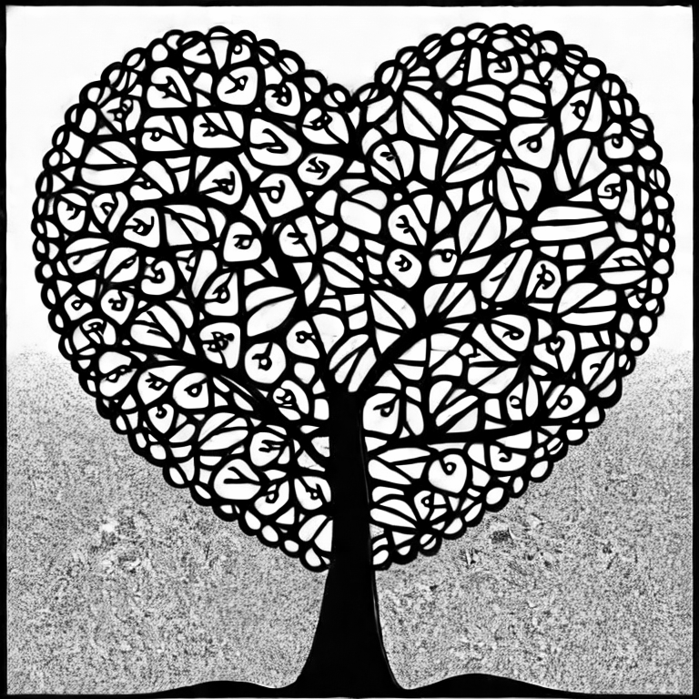 Coloring page of heart shaped intertwined apple tree