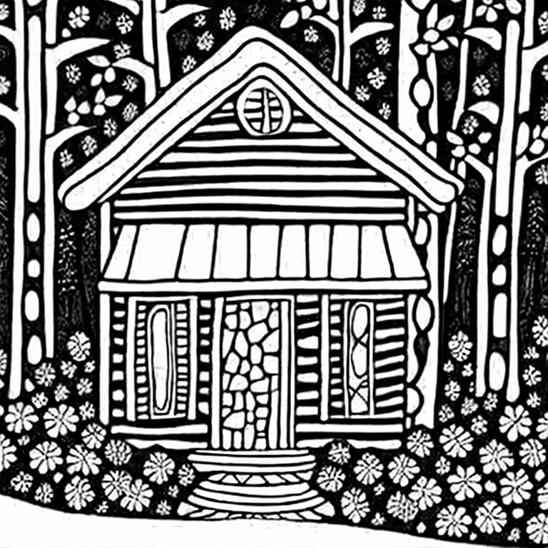 Coloring page of house in the woods